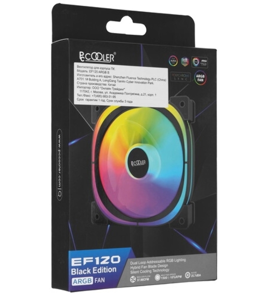 Вентилятор для корпуса PCCooler EF120 ARGb черный, 120 мм, 1500 об/мин, 25.7 дБ, 4 pin