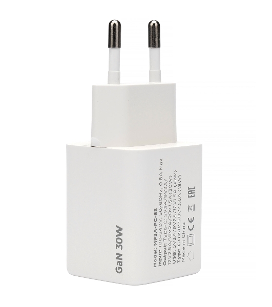 Зарядное устройство Cablexpert MP3A-PC-63, 30Вт GaN, 3А, QC4.0/PD, 1xUSB, 1xType-C, белый, пакет