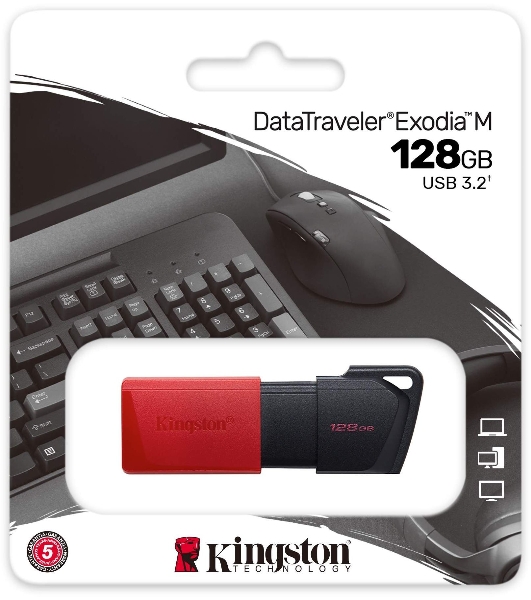 Флешка USB Kingston DataTraveler Exodia M (DTXM/128Gb), 128Gb, USB 3.2 Gen 1, R/W 150/60, черный/красный