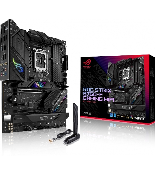 Материнская плата ASUS ROG STRIX B760-F GAMING WIFI, LGA 1700, Intel B760, 4xDDR5, 4xSATA, 3xM.2, 1xPCI-E 5.0 x16, 1xPCI-E 3.0 x4, 1xHDMI, 1xDP, 1x 2.5Gb LAN, 1xUSB-A 3.2 Gen 2, 6xUSB-A 3.2 Gen 1, 1xUSB-C 3.2 Gen 2x2, 5x3.5 мм, 7.1, Standard-ATX