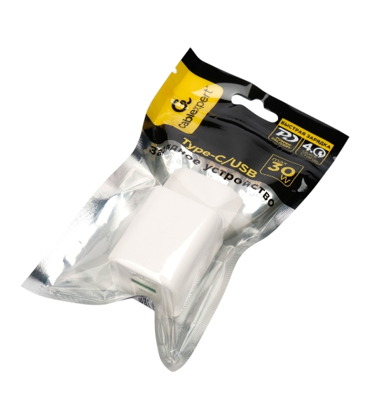 Зарядное устройство Cablexpert MP3A-PC-63, 30Вт GaN, 3А, QC4.0/PD, 1xUSB, 1xType-C, белый, пакет
