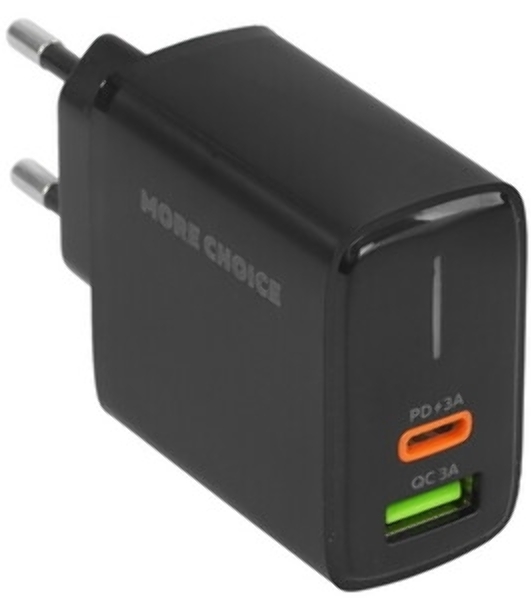 Сетевое зарядное устройство MORE CHOICE NC61a черный - 1USB+1USB-C 3.0A PD 20W+QC3.0 быстрая зарядка для Type-C