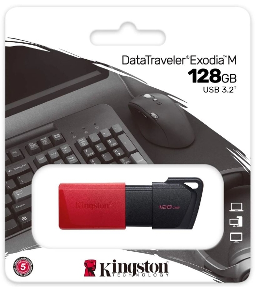 Флешка USB Kingston DataTraveler Exodia M (DTXM/128Gb), 128Gb, USB 3.2 Gen 1, R/W 150/60, черный/красный