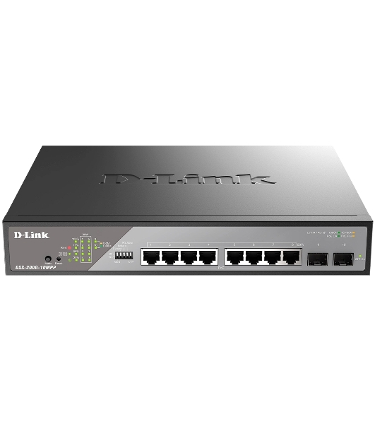 Коммутатор D-Link DSS-200G-10MPP/A1A, 8×1 Гбит/с + 2×1 Гбит/с SFP, настраиваемый