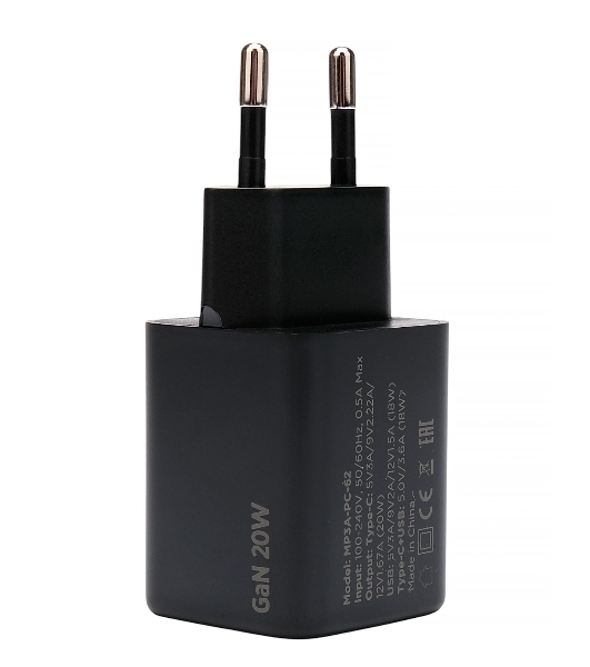 Зарядное устройство Cablexpert MP3A-PC-62, 20Вт GaN, 3А, QC4.0/PD, 1xUSB, 1xType-C, черный, пакет