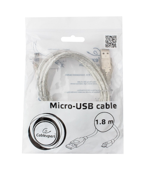Кабель Cablexpert USB2.0 Pro, AM/microBM, 1,8м, экран, феррит.кольцо, прозрачны (CCP-mUSB2-AMBM-6-TR)