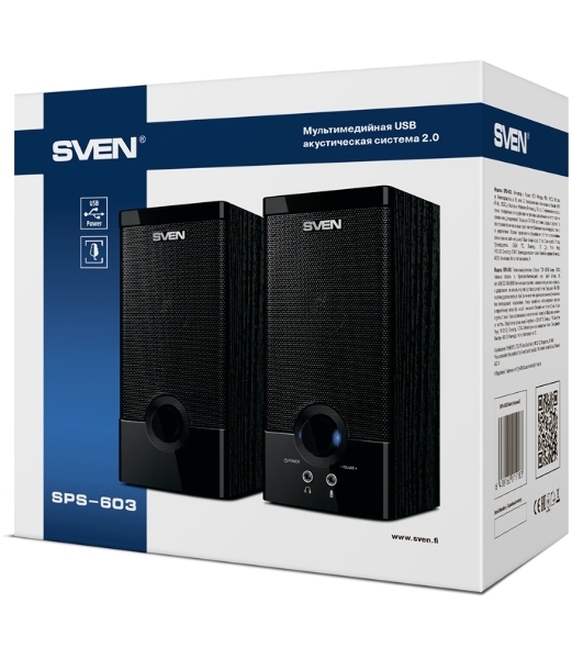 Колонки SVEN SPS-603 черный USB-порт ПК, ноутбука или адаптер 5V DC