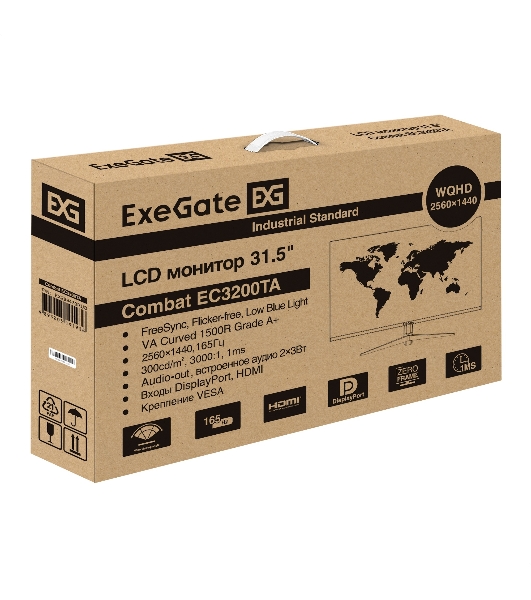 Монитор 31.5' ExeGate Combat EC3200TA VA 2560x1440, 165 Гц, 5 мс (GtG), 16:9, 300 кд/м², изогнутый (1500R), 2×HDMI 2.0, 2×DP, 3.5 Jack, динамики (2×3 Вт), RGB-подсветка, FreeSync, черный
