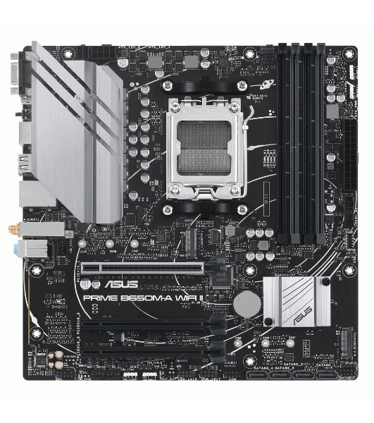 Материнская плата ASUS PRIME B650M-A WIFI II, AM5, AMD B650, 4xDDR5, 4xSATA, 2xM.2, 1xPCI-E 4.0 x16, 2xPCI-E 4.0 x1, 1xHDMI, 1xDP, 1xVGA, 1x 2.5Gb LAN, 2xUSB-A 3.2 Gen 2, 2xUSB-A 3.2 Gen 1, 4xUSB-A 2.0, 3x3.5 мм, 7.1, Micro-ATX