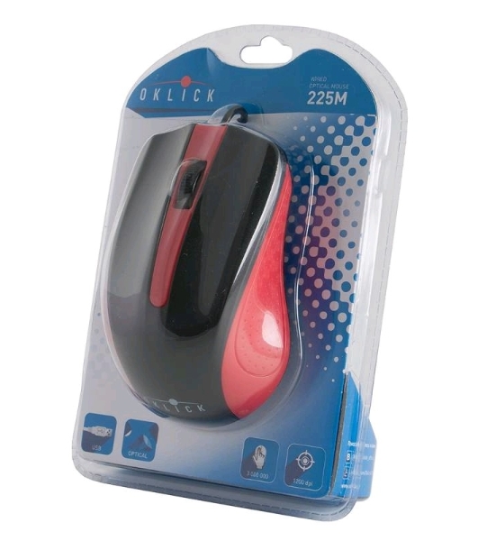 Мышь проводная Oklick 225M черный/красный, 1200 dpi, USB, кнопки - 3