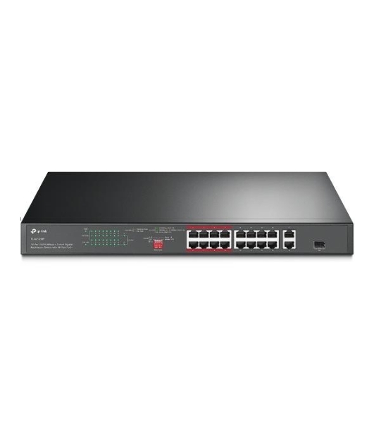 Коммутатор TP-Link 16-port 10/100Mbps + 2-port Gigabit unmanaged switch with 16 PoE+ ports, compliant with 802.3af/at PoE, 150W PoE budget,  support 250m Extend Mode, priority mode and Isolation mode, rackmount, plug and play.