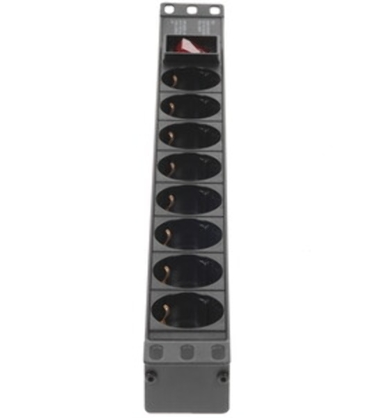 Блок розеток с сетевым фильтром (Surge Protect) и выключателем с подсветкой ExeGate ServerPro PDU-19H802 Al-8S-EU1.8CU-SW-SPD1 (19', 1U, Алюминий, 8 Schuko, кабель с евровилкой VDE-250V-16A-3*1.5мм2, медь, 1.8 метра, выкл. с подсветкой, SPD1, черный, RTL)