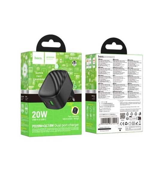 Зарядное устройство Hoco 20Вт, 3А, QC3.0/PD, 1xUSB, 1xType-C, CS101A, черный, коробка