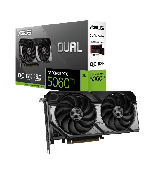 Видеокарта ASUS GeForce RTX 5060 Ti Dual OC , NVIDIA RTX 5060 Ti, 16 ГБ GDDR7, 128 бит, PCI-e 5.0, 1xHDMI, 3xDP, 2632 МГц