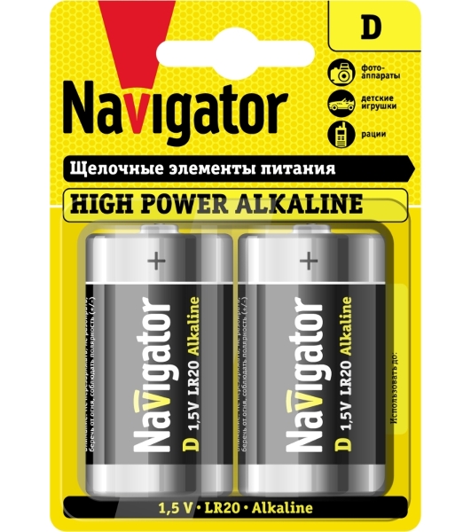 Элемент питания алкалиновый Navigator NBT-NE-LR20-BP2 (блист.2шт)