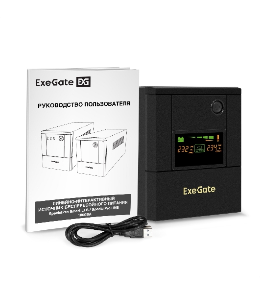Источник бесперебойного питания ExeGate SpecialPro Smart LLB-1000.LCD.AVR.8C13.USB (1000VA/700W, LCD, 8*C13,USB, батарея 12V 7.2Ah - 2 шт., металлический корпус, Black)