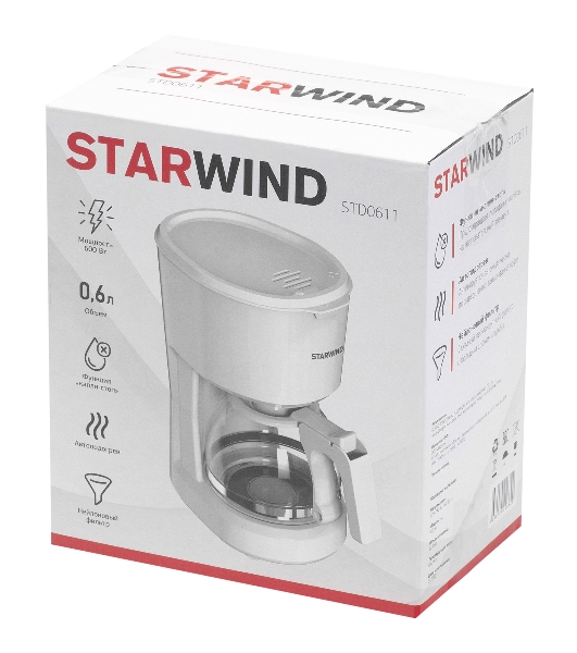 Кофеварка капельная Starwind STD0611 белый, исп. кофе - молотый, 0.6 л, 600 Вт.