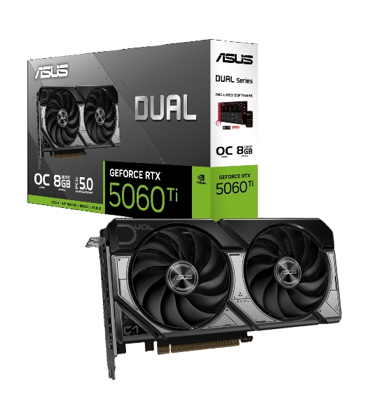 Видеокарта ASUS GeForce RTX 5060 Ti 8G DUAL OC Edition, NVIDIA RTX 5060 Ti, 8 ГБ GDDR7, 128 бит, PCI-e 5.0, 1xHDMI, 3xDP, 2632 МГц