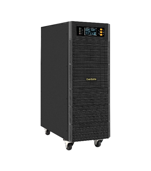 Источник бесперебойного питания On-line ExeGate PowerExpert TL-575-10kVA.192V.LCD.AVR.T.USB.RS232.SNMP 10000VA/10000W, On-Line, PF=1, LCD, клеммы, RS232, USB, SNMP-slot, встроенные батареи 12V 7.2Ah - 16шт, возможность подключения до 4 внешних батарейных блоков 192В, Tower, металлический корпус на колесиках, черный