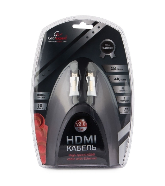 Кабель Cablexpert HDMI, серия Platinum, 1 м, v2.0, M/M, позол.разъемы, металлический корпус, ферритовые кольца, блистер
