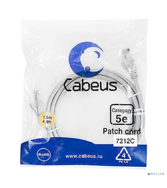 Патч-корд UTP Cabeus PC-UTP-RJ45-Cat.5e-1.5m, cat. 5e, 1.5 м, неэкранированный, серый