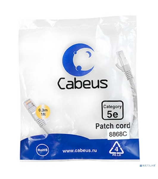 Шнур комм. Cabeus, кат. 5е, экр., F/UTP, RJ45/RJ45, LSZH, AWG24, 0.3м, серый