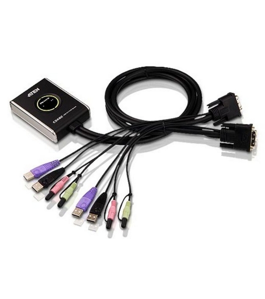 Переключатель KVM ATEN (CS682-AT) KVM+Audio, 1 user USB+DVI-D => 2 cpu USB+DVI-D, со встр.шнурами USB+Audio 2x1.2м., 1920x1200, настол., исп.стандарт.