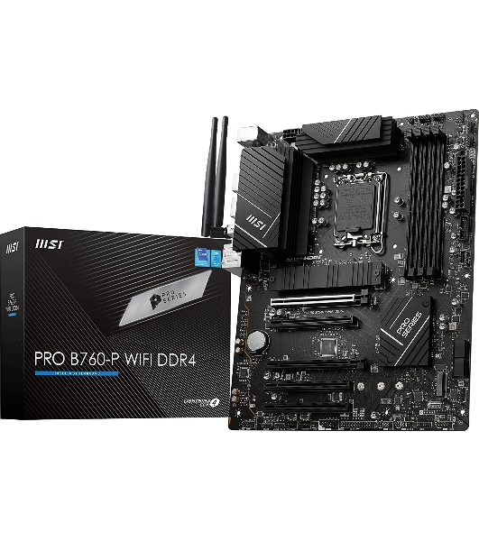 Материнская плата MSI PRO B760-P WIFI DDR4, LGA 1700, Intel B760, 4xDDR4, 4xSATA, 2xM.2, 1xPCIe 4.0 x16, 1xPCIe 4.0 x4, 3xPCIe 3.0 x1, 1xHDMI, 1xDP, 1xRJ45 2.5Gb, Wi-Fi 6E, Bluetooth 5.3, 1xUSB-C 3.2 Gen 2, 2xUSB-A 3.2 Gen 2, 4xUSB-A 2.0, 5x3.5мм, TOSLINK, 7.1, Standard-ATX