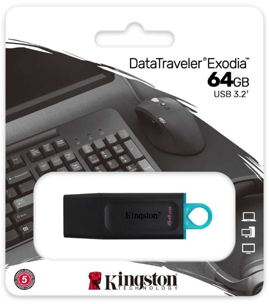 Флешка USB Kingston DataTraveler Exodia (DTX/64GB), 64Gb, USB 3.2 Gen 1, R/W 200/60, черный/бирюзовый