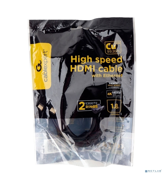 Кабель HDMI Cablexpert CCF2-HDMI4-6, 19M/19M, v2.0, медь, позол.разъемы, экран, 2 фер.кольца, 1,8м, черный, пакет