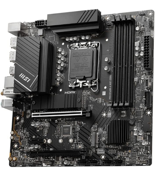 Материнская плата MSI PRO B760M-A WIFI DDR4, LGA 1700, Intel B760, 4xDDR4, 4xSATA, 2xM.2, 1xPCI-E 4.0 x16, 1xPCI-E 4.0 x4, 1xPCI-E x1, 2xHDMI, 2xDP, 1x 2.5Gb LAN, 2xUSB-A 2.0, 2xUSB-A 3.2 Gen 1, 2xUSB-A 3.2 Gen 2, 3x3.5 мм, 7.1, Micro-ATX