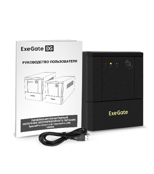 Источник бесперебойного питания ExeGate SpecialPro UNB-1000.LED.AVR.4SH.USB (1000VA/700W,LED, AVR, 4*Schuko, USB, батарея 12V 7.2Ah - 2 шт., металлический корпус, Black)