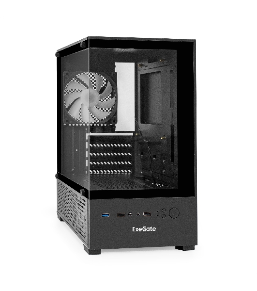 Компьютерный корпус Minitower ExeGate i3 SEA (mATX, БП 500NPX, 2*USB+1*USB 3.0, HD аудио, черный, 1 вент. 12см с RGB подсветкой, передняя и боковая панели - закаленное стекло)