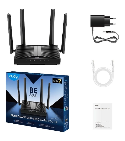 Маршрутизатор Cudy BE3600 Gigabit Dual Band Wi-Fi 7 Mesh Router, Chipset Broadcom, 802.11be/ax/ac/a/b/g/n, 2882Mbps at 5GHz + 688Mbps at 2.4GHz, 5 x 10/100/1000Mbps Ports, 4 x 5dBi fixed antennas, WiFi router/AP/Repeater/WISP Mode, PPTP/L2TP/OpenVPN/WireGuard, MLO, MU-MIMO, Guest network, WPS, DDNS, IPv6, IPTV, WOL, WPA3, TR069/TR098/TR111/TR181, Cudy APP
