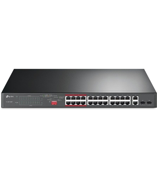 Коммутатор 24-port 10/100Mbps Unmanaged PoE+ Switch with 2 combo RJ-45/SFP uplink ports, metal case, rack mount, 24 802.3af/at compliant PoE+ ports, 2 gigabit combo RJ-45/SFP uplink ports, DIP switches for Extend mode, Isolation mode and Priority mode, up to 25