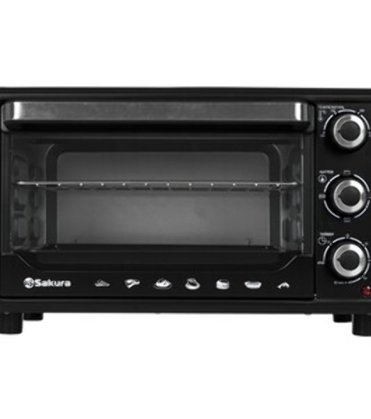 Мини-печь Sakura SA-7001HBK 35л, 3200Вт, духовка 1600Вт, конфорки 185мм+155мм (1000Вт+600Вт), механ.управление, 3 режима работы духовки (верх, низ, верх+низ), раздельная регулировка температуры духовки и конфорок, комплектация - металлическая решетка, противень и ухват. чёрны