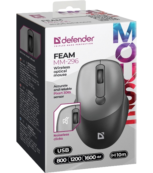 Мышь беспроводная Defender Feam MM-296 черный, 1600 dpi, радиоканал, USB, кнопки - 4