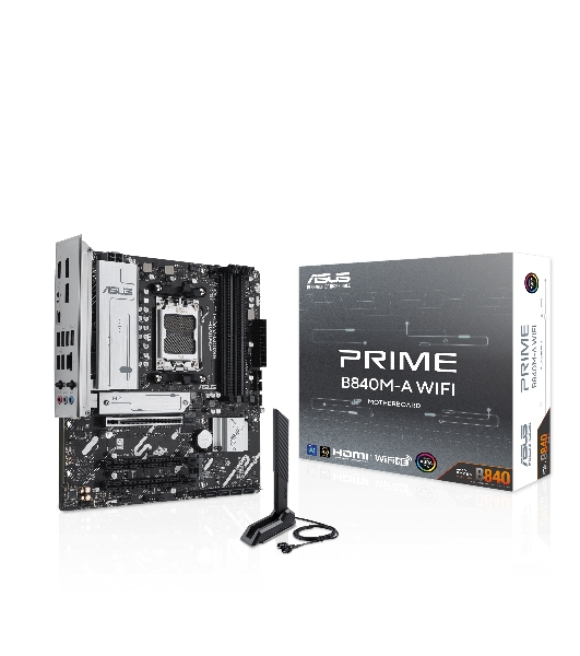 Материнская плата ASUS PRIME B840M-A WIFI, AM5, AMD B840, 4xDDR5, 4xSATA III, 3xM.2, 1xPCIe 4.0 x16, 2xPCIe 3.0 x16 (x1), 2xDP, 1xHDMI, 1x 2.5Gb LAN, Wi-Fi 6E, 2xUSB-A 10Gbps, 1xUSB-C 5Gbps, 4xUSB-A 2.0, 3x3.5 мм, 7.1, micro-ATX