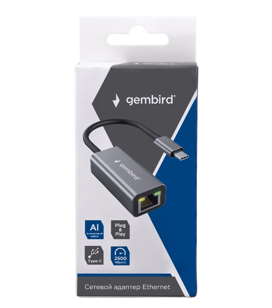 Сетевой адаптер Ethernet Gembird NIC-U12, Type-C USB 3.0 - 2.5 Gigabit Ethernet adapter, алюминий, RTL8156B
