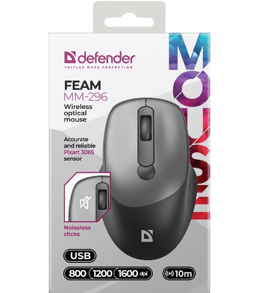 Мышь беспроводная Defender Feam MM-296 черный, 1600 dpi, радиоканал, USB, кнопки - 4