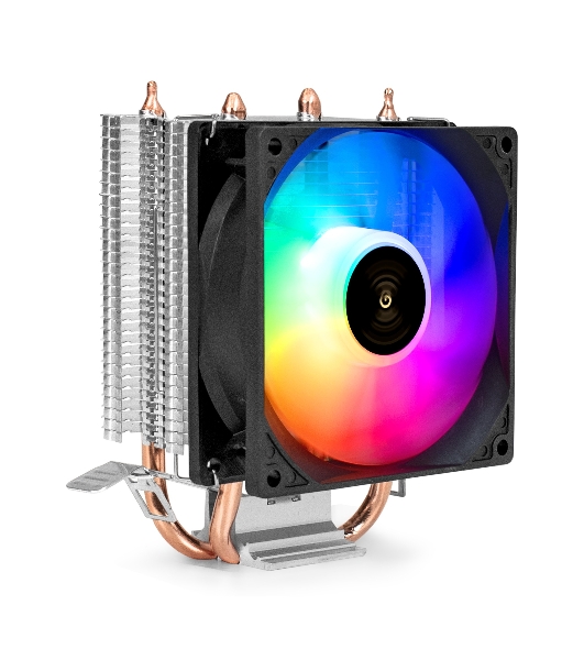 Кулер ExeGate Wizard EXX200-PWM.RGB (Al+Cu, 2 тепл.трубки, LGA775/1150/1151/1155/1156/1200/1700/1851/AM2/AM2+/AM3/AM3+/AM4/AM5/FM1/FM2/754/939/940, TDP 95W, Fan 90мм, PWM, 800-2400RPM, Hydro bearing, 4pin, 11-24db, 305г, RGB подсветка, с термопастой, на защелках, RTL)