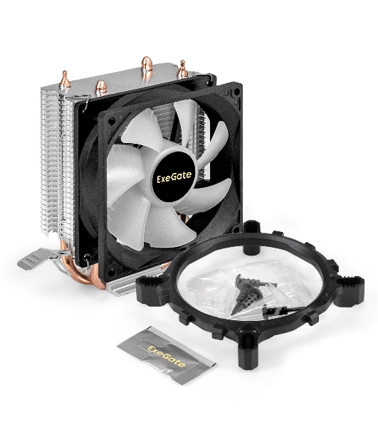 Кулер ExeGate Wizard EXX200-PWM.RGB (Al+Cu, 2 тепл.трубки, LGA775/1150/1151/1155/1156/1200/1700/1851/AM2/AM2+/AM3/AM3+/AM4/AM5/FM1/FM2/754/939/940, TDP 95W, Fan 90мм, PWM, 800-2400RPM, Hydro bearing, 4pin, 11-24db, 305г, RGB подсветка, с термопастой, на защелках, RTL)