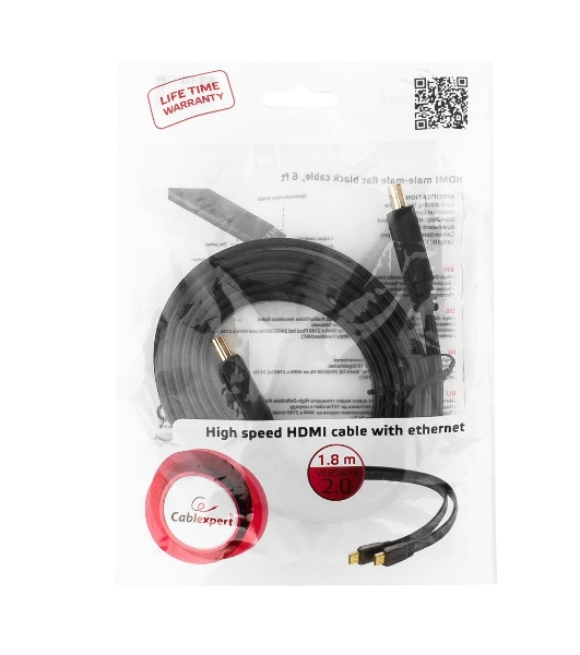 Кабель Cablexpert HDMI CC-HDMI4F-6, 19M/19M, v2.0, медь, позол.разъемы, экран, плоский кабель, 1.8м, черный, пакет
