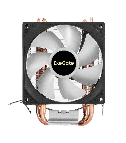 Кулер ExeGate Wizard EXX200-PWM.RGB (Al+Cu, 2 тепл.трубки, LGA775/1150/1151/1155/1156/1200/1700/1851/AM2/AM2+/AM3/AM3+/AM4/AM5/FM1/FM2/754/939/940, TDP 95W, Fan 90мм, PWM, 800-2400RPM, Hydro bearing, 4pin, 11-24db, 305г, RGB подсветка, с термопастой, на защелках, RTL)