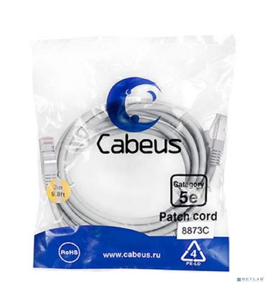 Шнур коммутационный Cabeus, Cat.5e, экр., F/UTP, RJ45/RJ45, LSZH, AWG24, 3м, серый
