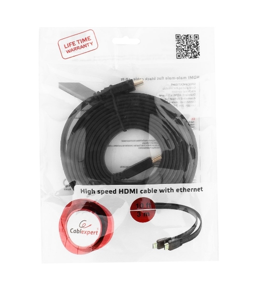 Кабель Cablexpert HDMI CC-HDMI4F-10, 19M/19M, v2.0, медь, позол.разъемы, экран, плоский кабель, 3м, черный, пакет