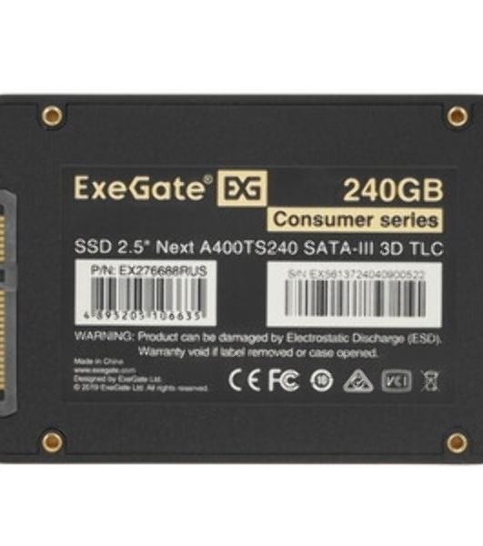 Накопитель SSD ExeGate Consumer A400TS240, 240Gb, 2.5', SATA III, R/W 550/400