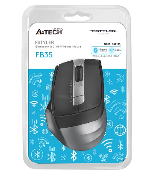Мышь беспроводная A4Tech Fstyler FB35 серый, 2000 dpi, радиоканал, Bluetooth, USB, кнопки - 6