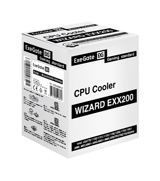 Кулер ExeGate Wizard EXX200-PWM.RGB (Al+Cu, 2 тепл.трубки, LGA775/1150/1151/1155/1156/1200/1700/1851/AM2/AM2+/AM3/AM3+/AM4/AM5/FM1/FM2/754/939/940, TDP 95W, Fan 90мм, PWM, 800-2400RPM, Hydro bearing, 4pin, 11-24db, 305г, RGB подсветка, с термопастой, на защелках, RTL)