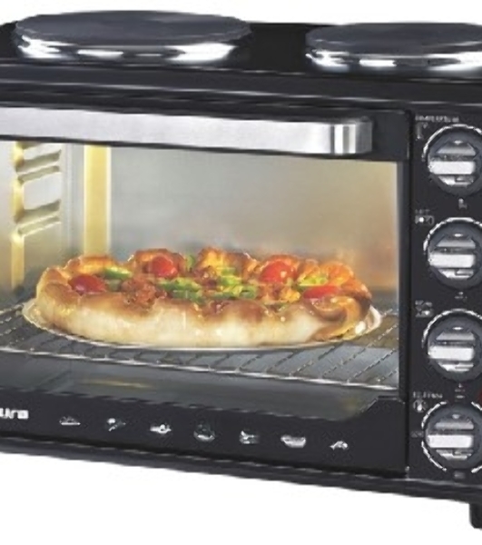 Мини-печь Sakura SA-7001HBK 35л, 3200Вт, духовка 1600Вт, конфорки 185мм+155мм (1000Вт+600Вт), механ.управление, 3 режима работы духовки (верх, низ, верх+низ), раздельная регулировка температуры духовки и конфорок, комплектация - металлическая решетка, противень и ухват. чёрны